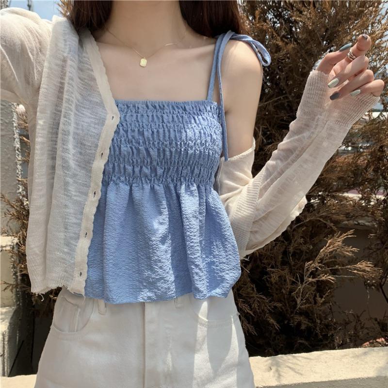 Áo Hai Dây Xếp Ly Dáng Ngắn Thời Trang Mùa Hè Pháp Cho Nữ