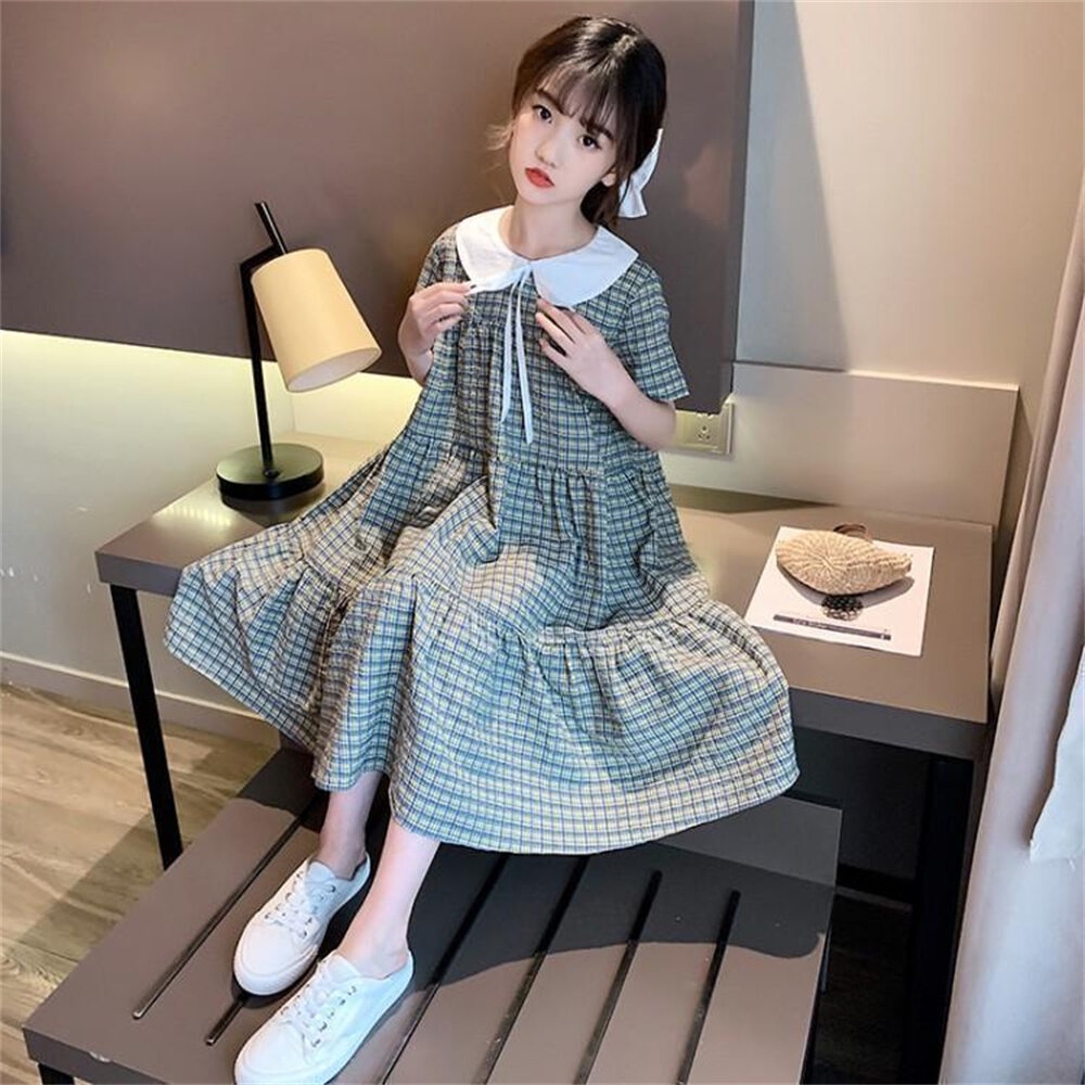 Đầm cotton tay ngắn eo cao họa tiết caro màu xanh lá phong cách Hàn Quốc thời trang cho bé gái 3-13 tuổi