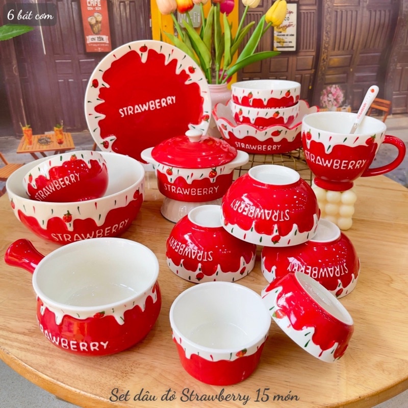 Set bộ bát đĩa Strawberry hình dâu gốm sứ cao cấp