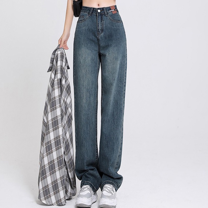 IELGYQuần Jean Dài Lưng Cao Ống Rộng Dáng Suông Kiểu retro Cá Tính Cho Nữ