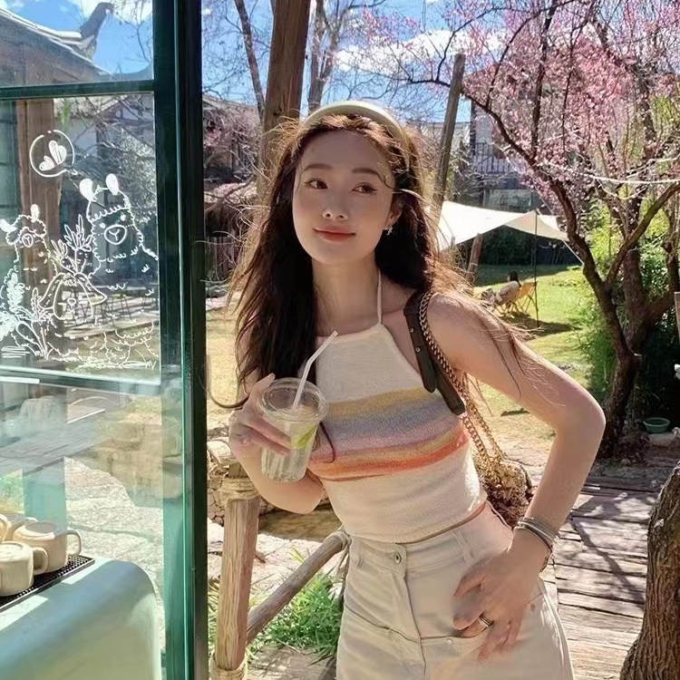 SUXI Áo Hai Dây Dệt Kim Hở Lưng Họa Tiết Kẻ Sọc Thời Trang Mùa Hè