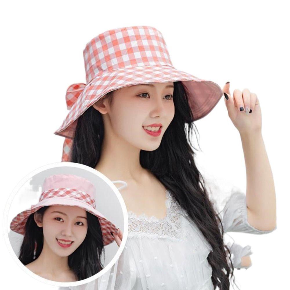 DARNELL Nón Tai Bèo Rộng Vành Họa Tiết Sọc Caro Đính Nơ Thời Trang Đi Biển