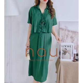 Set linen áo phối dây cột chân váy midi