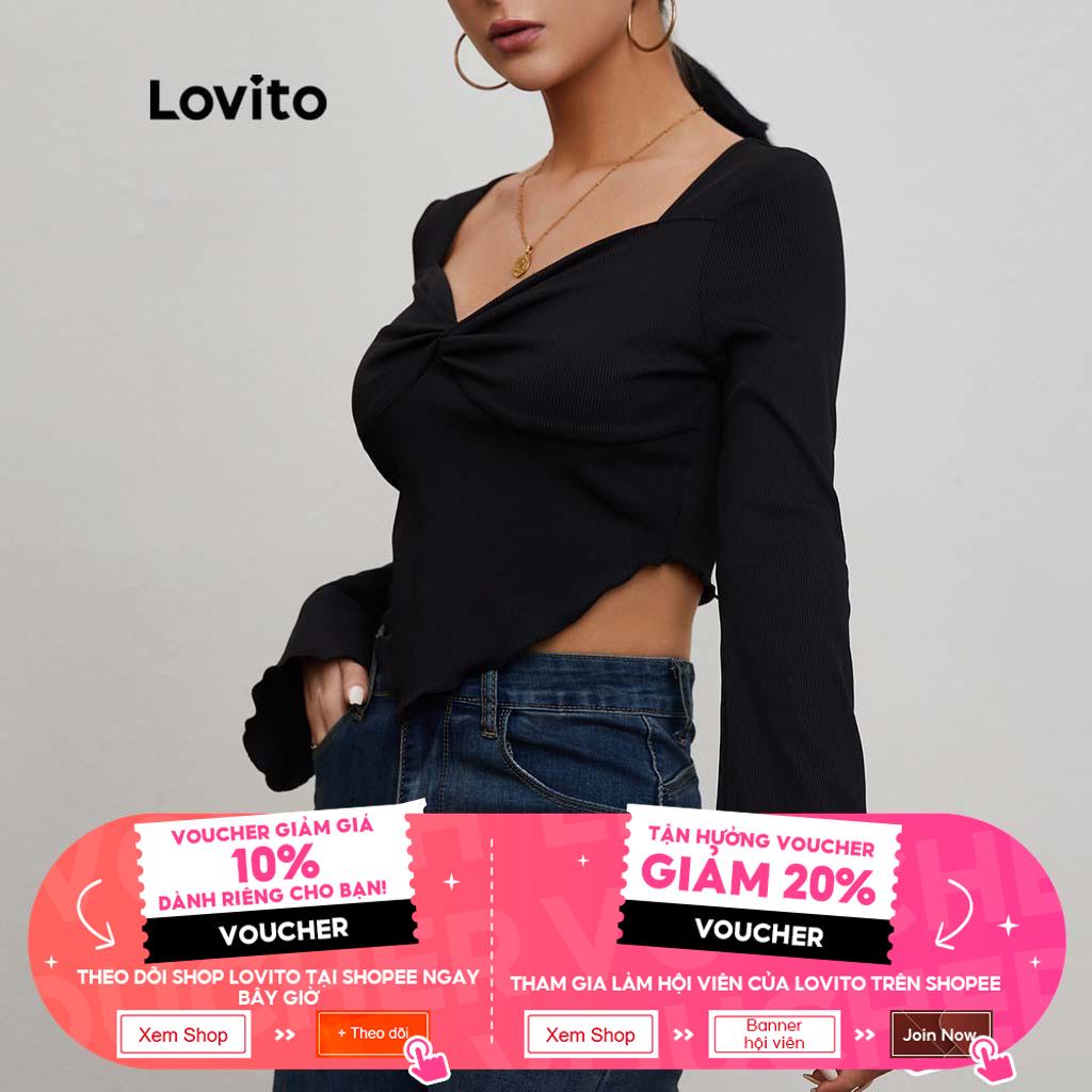 Lovito Áo Thun Tay Chuông Xoắn Màu Đen L20D163