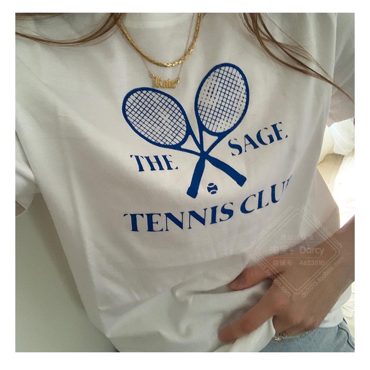 Sporty & Rich Áo Thun Thể Thao Ngắn Tay In Chữ Màu Xanh Dương tennis Phong Cách retro Đường Phố Mỹ Mùa Hè