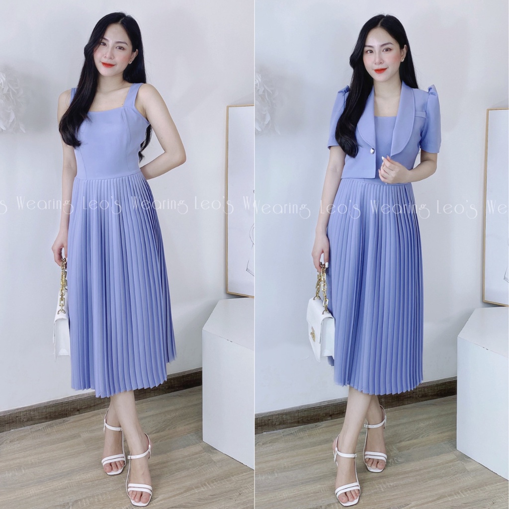 Set đầm 2 dây bản to dáng dài xếp li mix áo khoác croptop cổ sen tay phồng LEOSWEARING A116