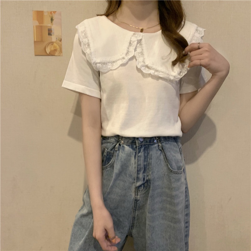 Áo Dệt Kim Tay Ngắn Cổ Búp Bê Phối Ren Thời Trang Mới Cho Nữ