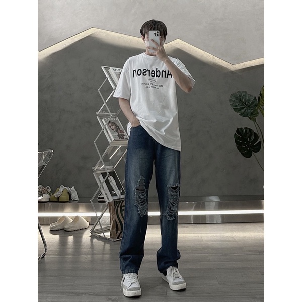 baggy jeans tưa rách gối quần ống rộng nam wash 2 màu