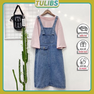 Váy yếm nữ jean dang dài phong cách hàn quốc ulzzang vintage phối túi nắp Tulibs MS011