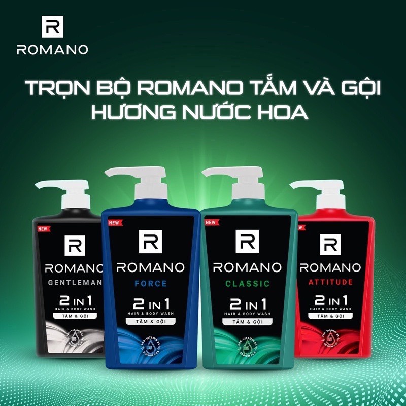 Tắm gội 2 in 1 Romano hương nước hoa chai 650g