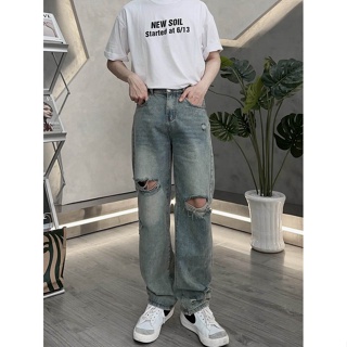 Quần jean ống rộng - quần vải jean dày - phong cách unisex hàn quốc cá tính quần rách kiểu ( rộng TS)