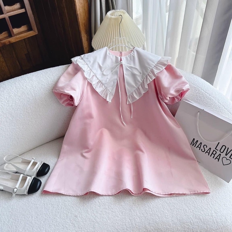 Đầm babydoll hồng cổ sen trắng