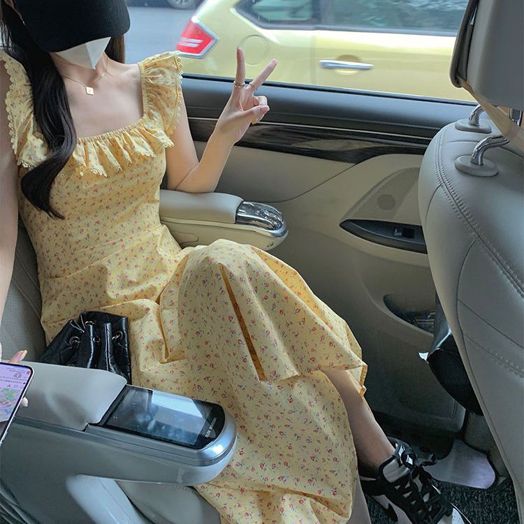 Tender Đầm Dài Không Tay Dáng Xòe In Hoa Màu Vàng Phong Cách Mới Mùa Hè Nhẹ Nhàng