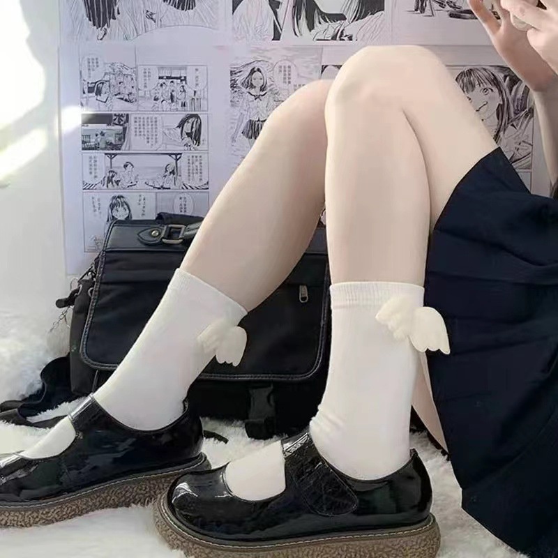 Vớ Cổ Trung Màu Trơn Đính Cánh Thiên Thần Ngọt Ngào Dễ Thương Phong Cách Lolita Nhật Bản Cho Nữ