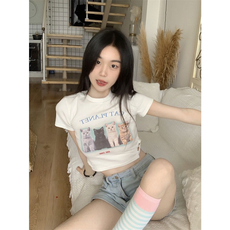 Áo Thun Croptop Tay Ngắn Dáng Ôm In Họa Tiết Mèo Ngọt Ngào Thời Trang Mùa Hè 2023 Cho Nữ