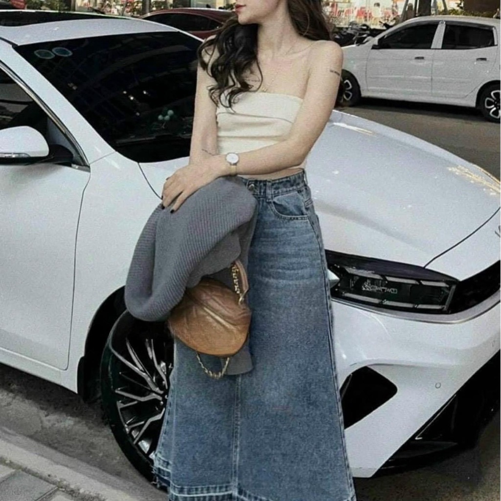 Chân váy jean cạp cao dài qua gối, chân váy dài tua gấu phong cách A25 | BigBuy360 - bigbuy360.vn