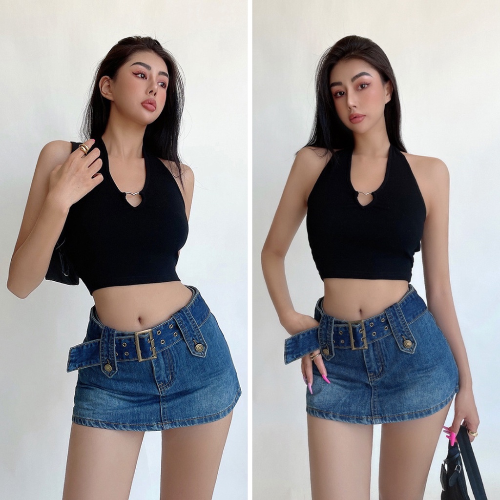 Chân Váy Jeans Xanh Và Đen Kèm Belt Bảng To Hot Trend Phong Cách Ulzzang