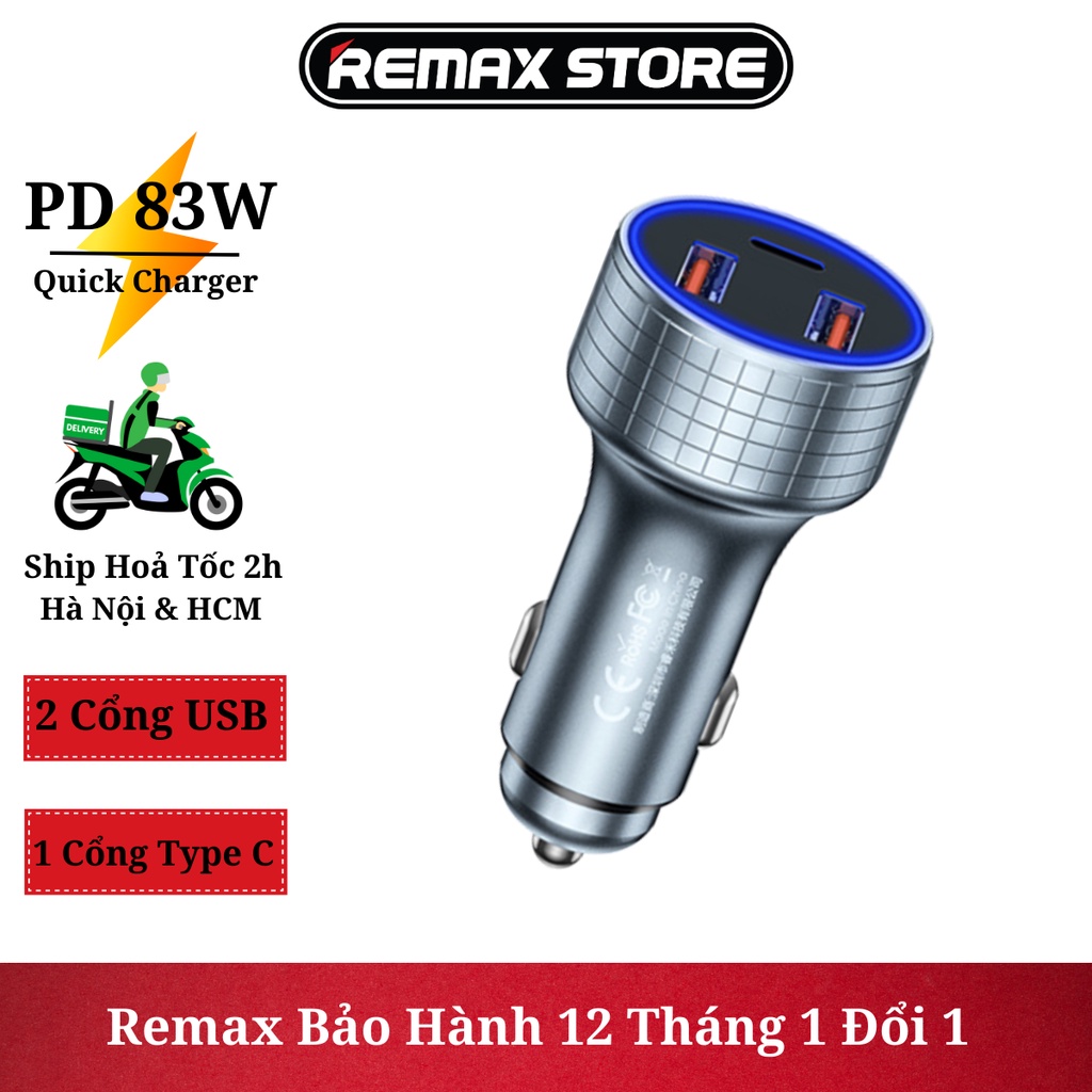 Củ sạc nhanh ô tô 3 cổng Remax RCC-327 Sạc nhanh PD 65W - sạc được cho Laptop - Remax BH 12 Tháng 1 Đổi 1