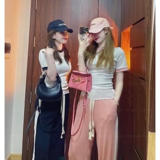 Bộ áo phối viền kiểu baby tee dáng ôm tay ngắn, set quần dài ống đứng lưng cao cạp chun dây rút