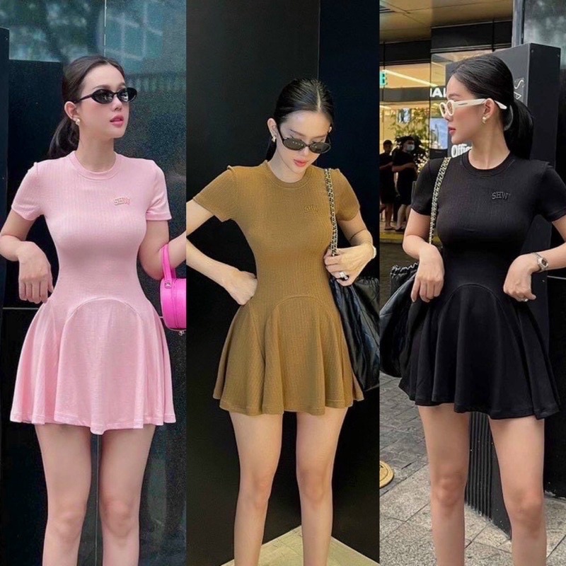 Đầm gân xoè tay ngắn thêu chữ ( Video thật ) -Chuchaclothing