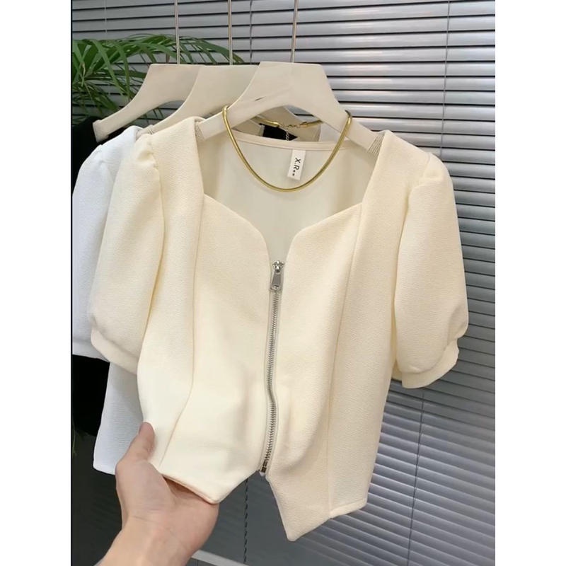 Áo Cardigan Cổ Vuông Tay Phồng Phối Khóa Kéo Phong Cách Pháp Thời Trang Mùa Hè Mới Cho Nữ