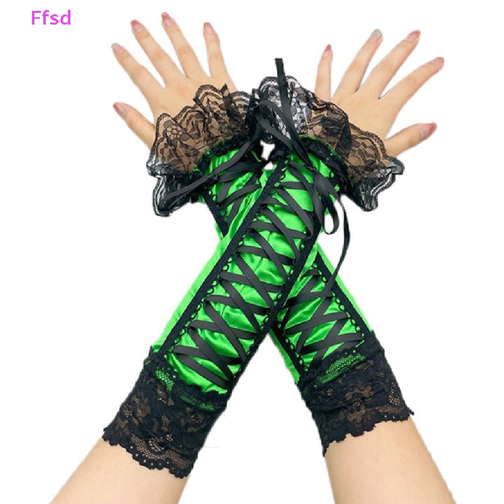 {Ffsd} Găng Tay Lưới Hở Ngón Phối Ren Dài Nửa Ngón Có Ruy Băng Lưới Cho Nữ / Tiệc Halloween Bán Chạy