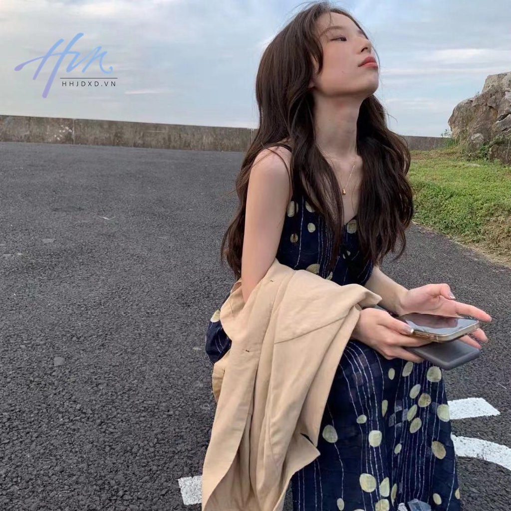 Đầm Hai Dây Cổ Chữ V Lưng Cao Dáng Ôm In Họa Tiết Thời Trang Pháp Cổ Điển Cho Nữ