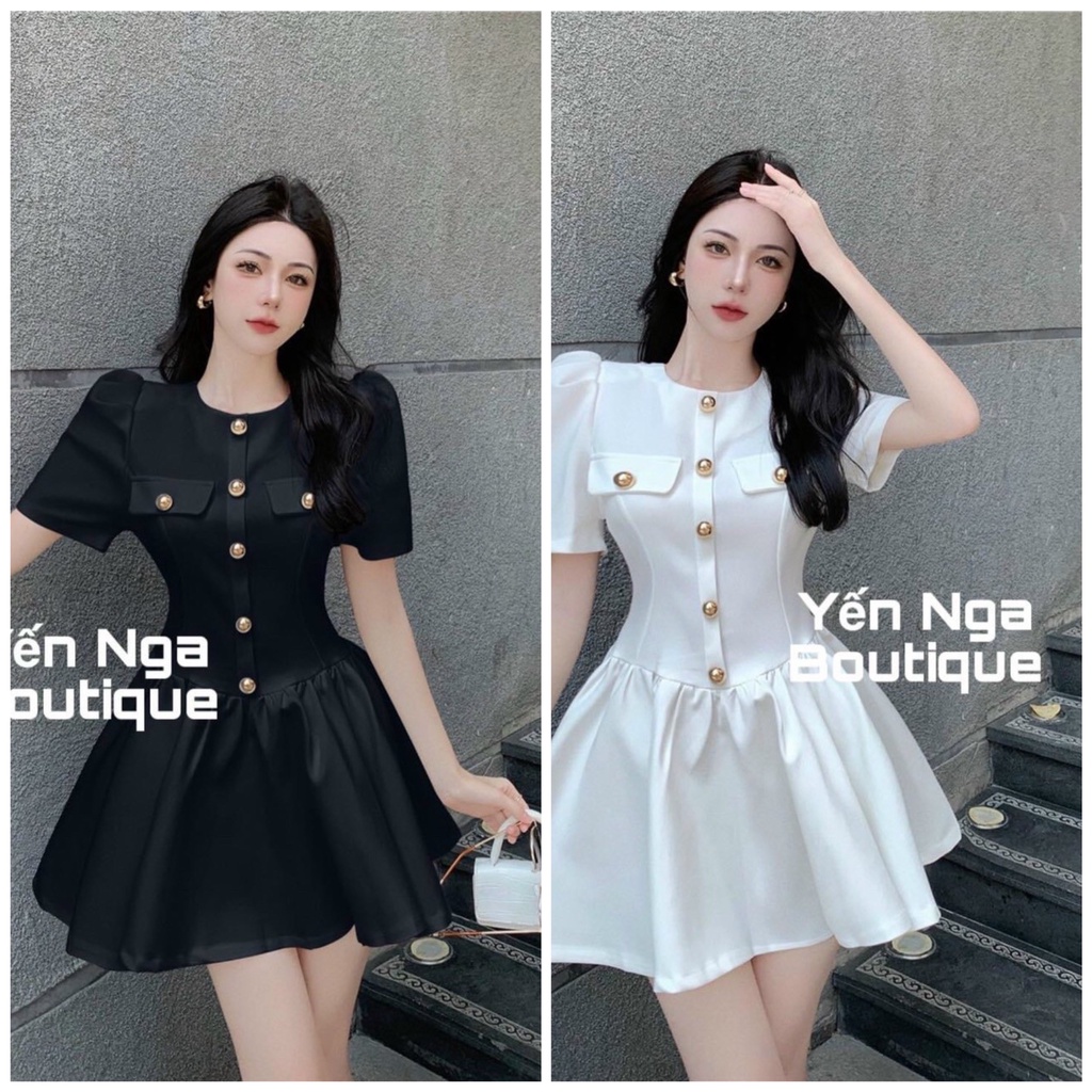 Đầm dự tiệc tiểu thư sang chảnh cổ tròn đính cúc ngọc tay phồng cực xinh
