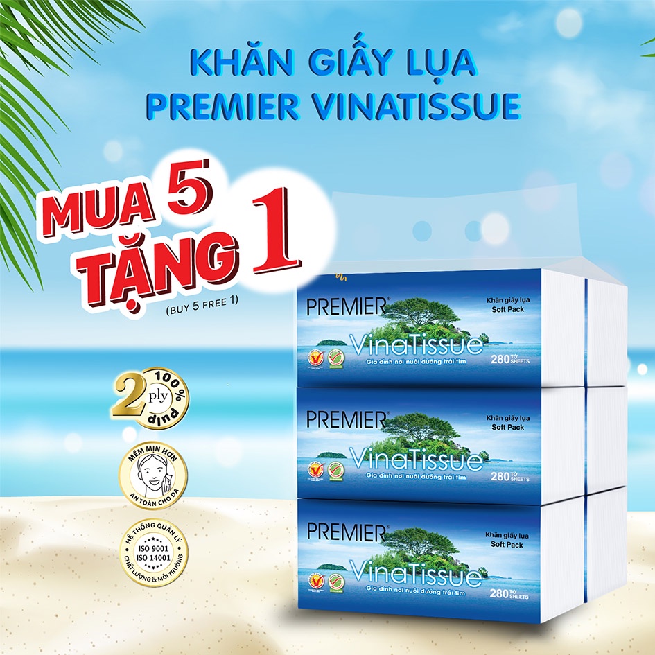 Khăn giấy lụa Premier Vinatissue 280 tờ - Mua 5 gói tặng 1 gói