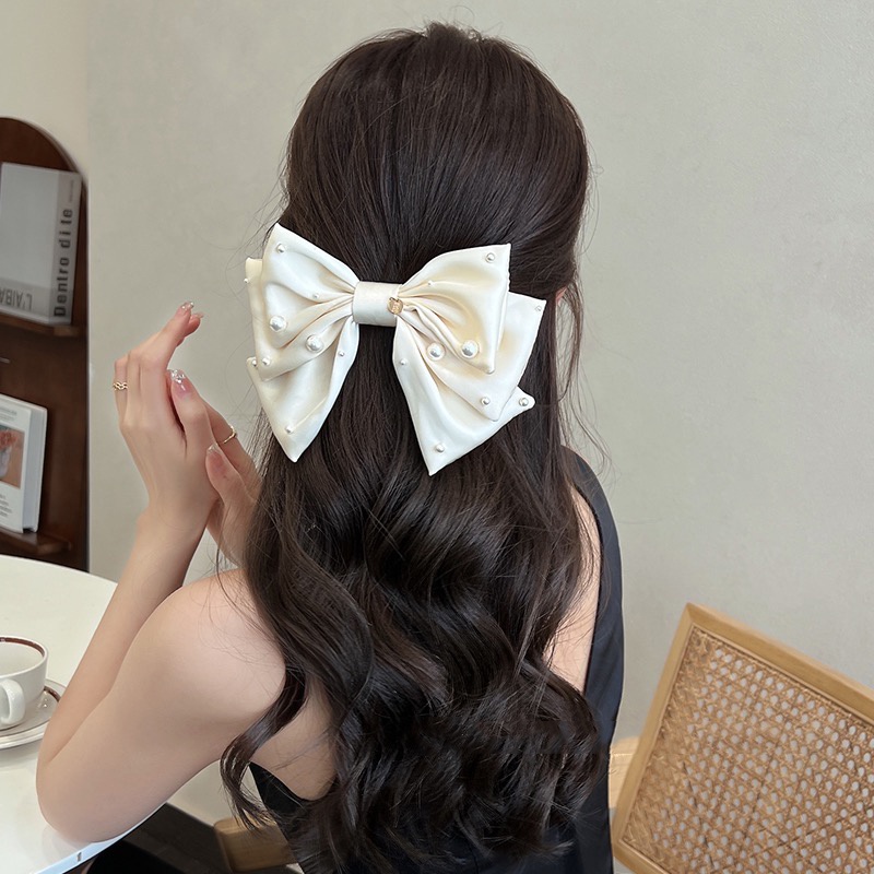 Kẹp tóc đuôi ngựa AIJOLEN bằng satin đính ngọc trai thời trang phong cách Hàn Quốc dành cho bạn nữ