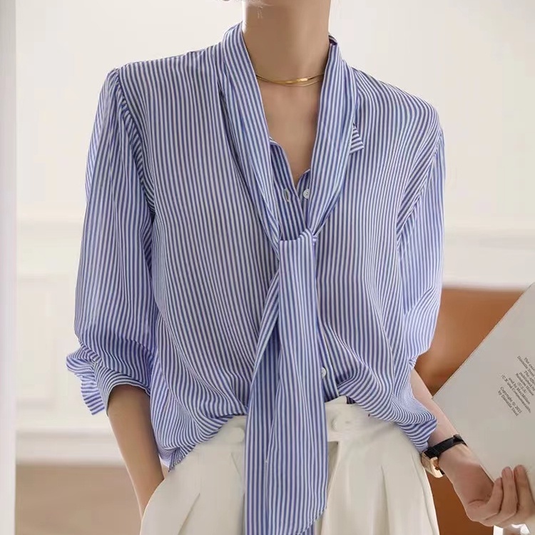 Áo Sơ Mi Lụa Mulberry Cao Cấp Thắt Nơ Họa Tiết Kẻ Sọc Xanh Dương Trắng Niche Streamer Pháp Cho Nữ FF