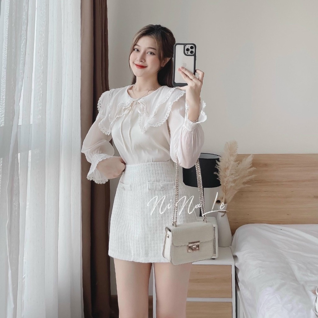 Set Áo Chân Váy EVANIA Set Áo Sơ Mi Chân Váy Dạ Phối Áo Voan Hai Lớp Cổ Bèo Thắt Nơ Hai Màu Trắng, Hồng - Mã V86