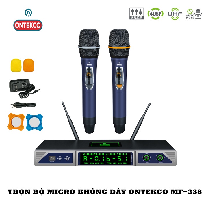 Micro không dây ONTEKCO MF338 Xanh đen cao cấp đa năng dùng cho mọi loại loa kéo, amply sóng UHF