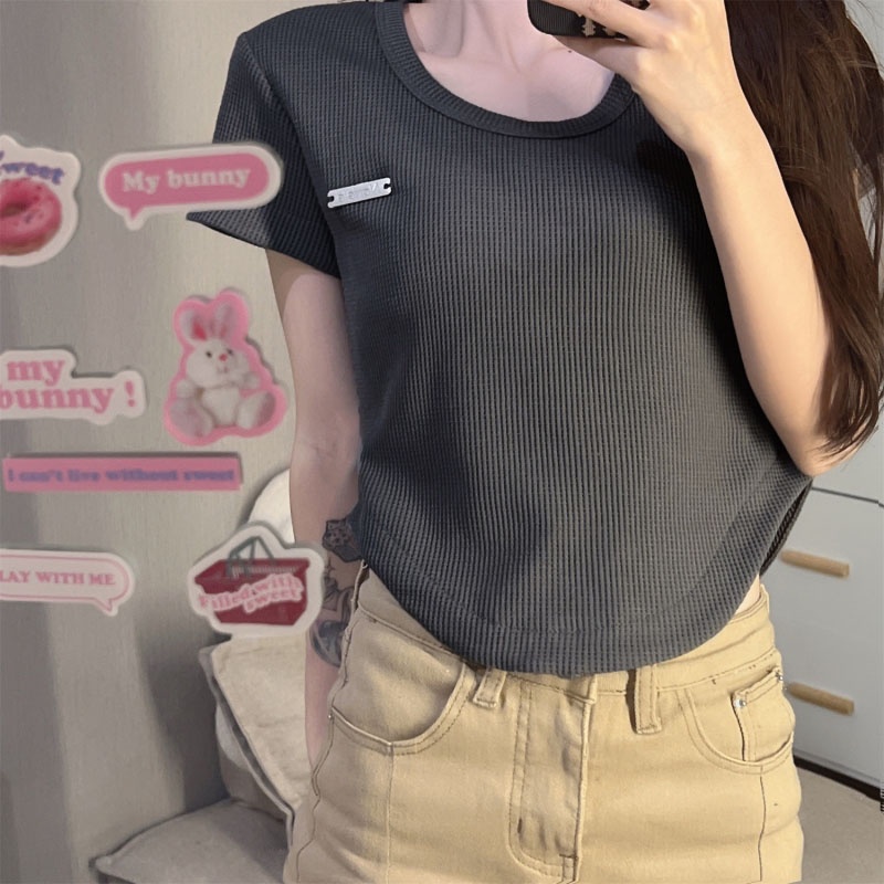 Áo thun XINLANYASHE ngắn tay màu trơn lưng cao thời trang dành cho nữ