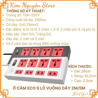 Ổ cắm điện quang chia ổ điện loại 3 lỗ, 4 lỗ, 6 lỗ, 8 lỗ eco công suất đến 2500w, ổ điện màu đen đỏ, trắng đỏ, 2 mét