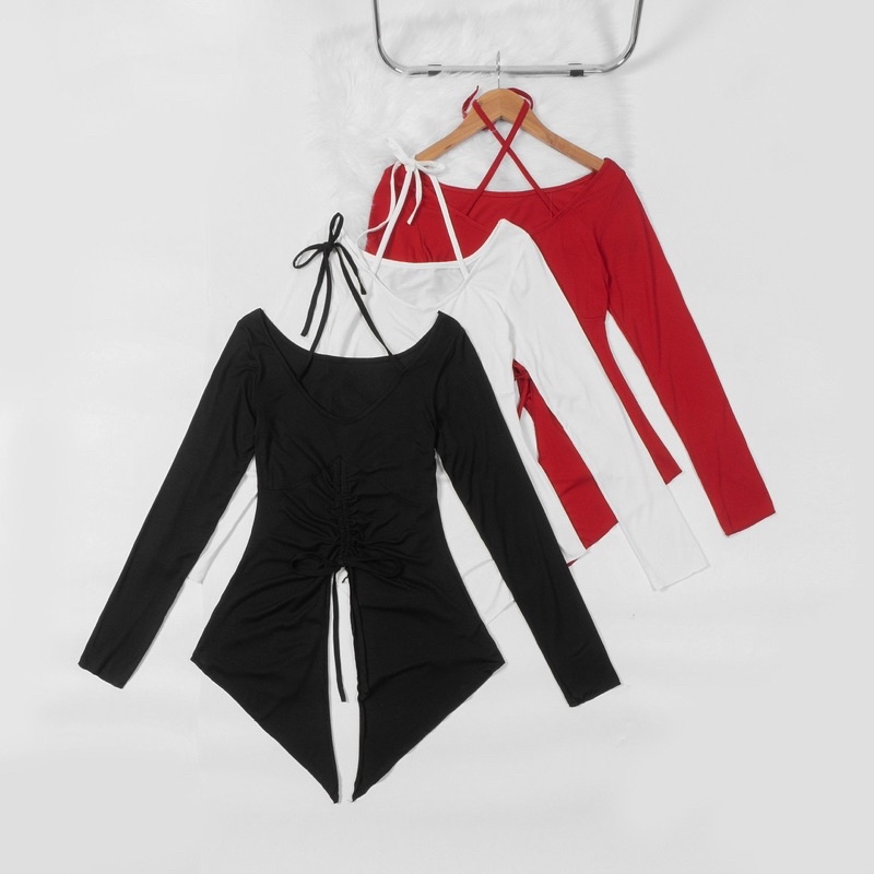 Áo thun đuôi cá rút dây body nữ rút eo kiểu tay loe dây chéo cổ chất thun gân