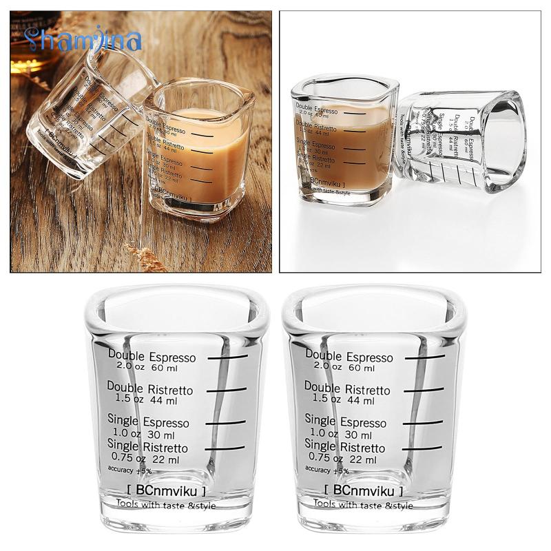 Shamjina Set 2 cốc đo lường bằng thủy tinh dày dặn hình vuông chuyên dụng cho nhân viên pha chế cà phê 60ml