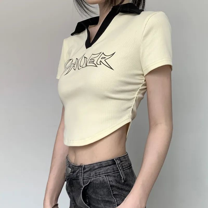 Áo Thun Nữ Ngắn Tay Cổ Chữ V In Hình Phong Cách Retro Gợi Cảm