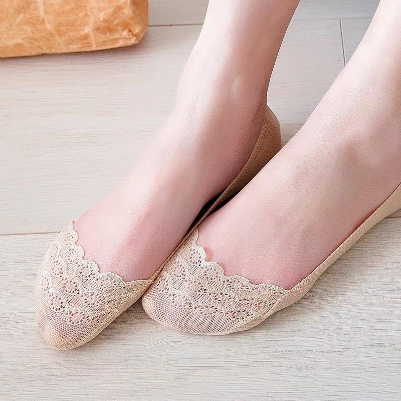 Tất đi giày lười cho nữ tất nữ cổ ngắn tất lười ren màu đen