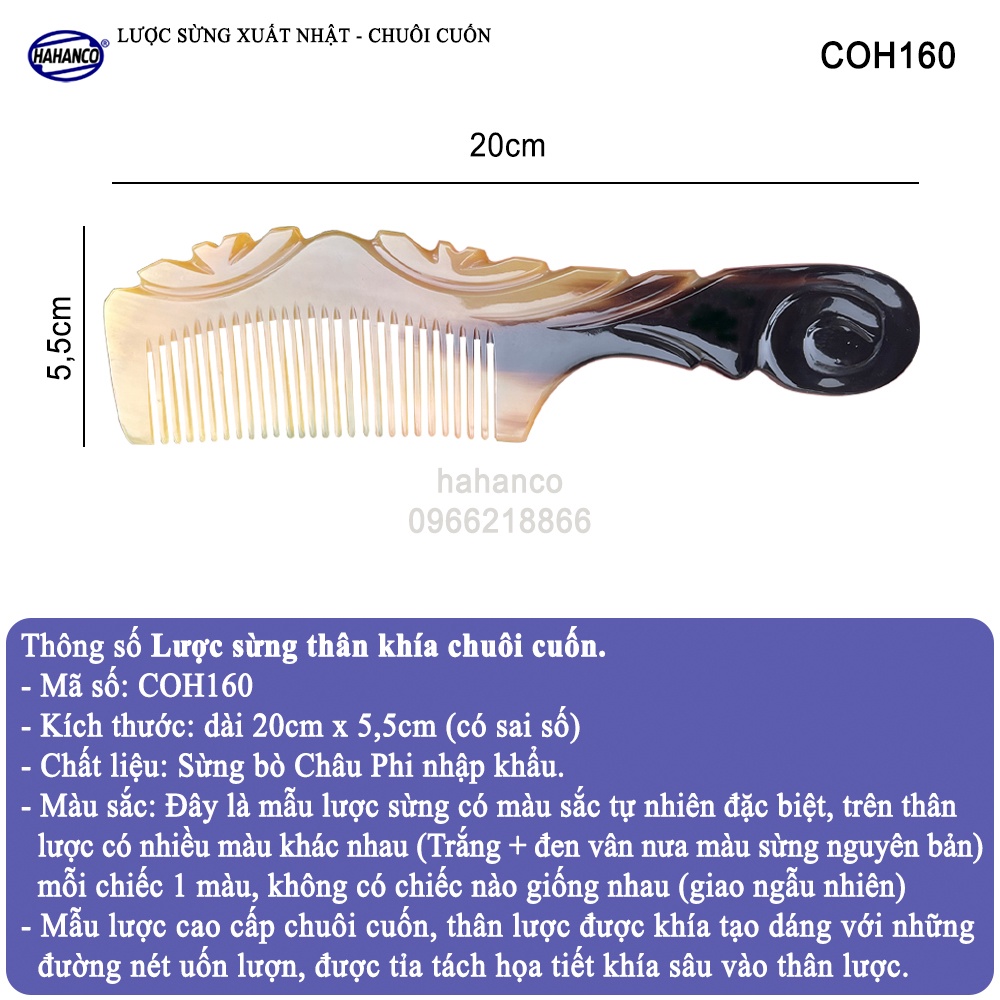 Lược Sừng Vân Nưa Chuôi Cuốn HAHANCO  Họa Tiết Uốn Lượn Sắc Sảo - COH160