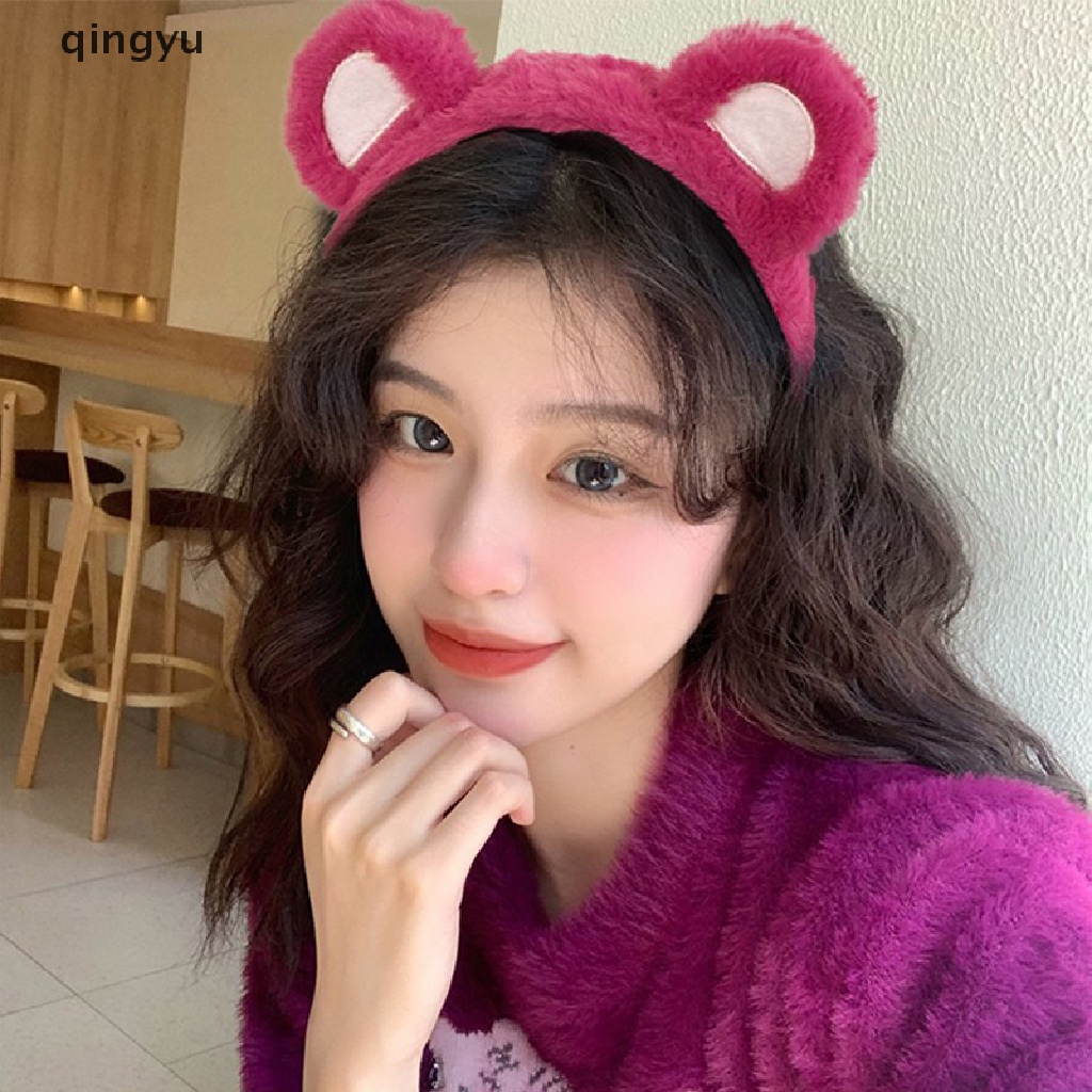 Băng Đô Cài Tóc Tai Gấu / Dâu Tây Bằng Vải Bông Màu Hồng Dễ Thương Không Trượt Rửa Mặt