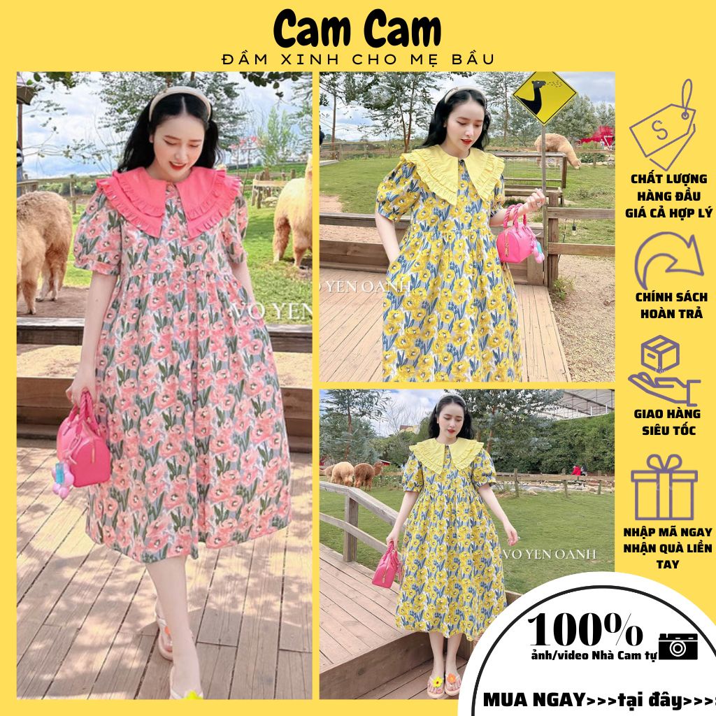 Đầm bầu xinh kết hợp hoa nhí cổ bèo chất liệu lụa hàn siêu xinh 2 màu vàng, hồng