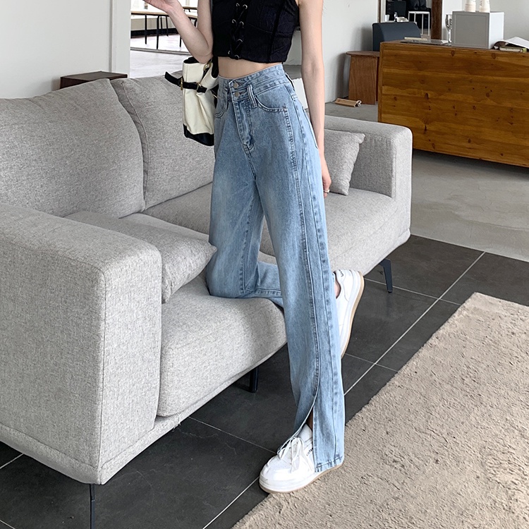 Quần Jeans Nữ Lưng Cao Ống Rộng Xẻ Tà Thời Trang Hàn Quốc Mới