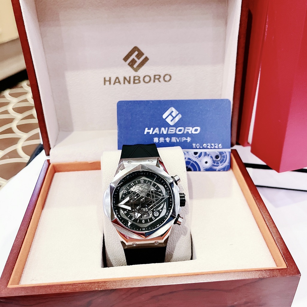 Đồng Hồ Nam Hanboro 998 Tự Động Dây Cao Su Silver 42mm