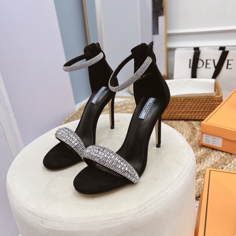 Sandal cao gót quai đá đính phun viền dây quấn khoá sau gót
