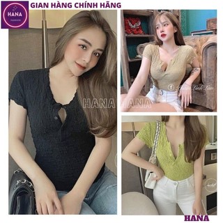 Áo thun xốp nhăn ngắn tay cổ V khuy ngực tôn dáng, Áo trơn kiểu dáng ôm body co giãn thoải mái siêu sexy siêu đẹp - HANA