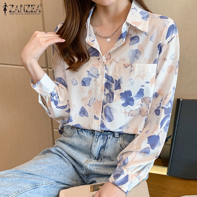 Zanzea Áo Sơ Mi Nữ Dài Tay Cổ Bẻ Form Rộng In Họa Tiết Thời Trang