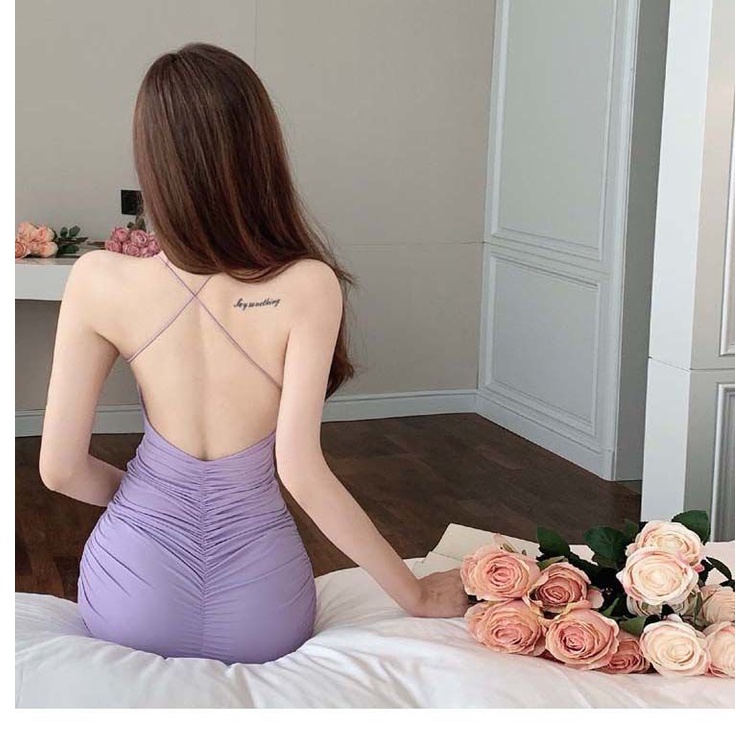 Đầm Hai Dây Hở Lưng Màu Tím Quyến Rũ Dành Cho Nữ Chân Váy Xếp Li Thời Trang Dành Cho Nữ