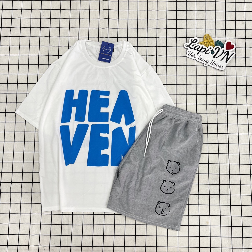 Đồ Bộ Mẫu In Chữ HEAVEN Kết Hợp Quần Lửng Hoạt Hình Form Unisex Lapi VN, Set Cartoon, Freesize, Nam Nữ Đều Mặc Được