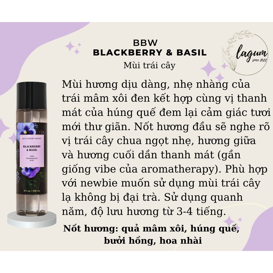 Xịt thơm bodymist cơ thể BathandBodyworks 03 mùi mới